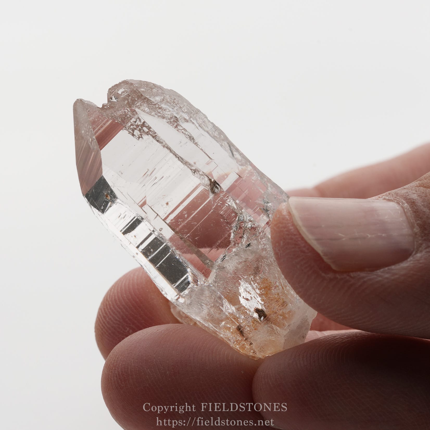 6501-10 - FieldStones Close-up of a clear quartz crystal held between a thumb and fingernail.