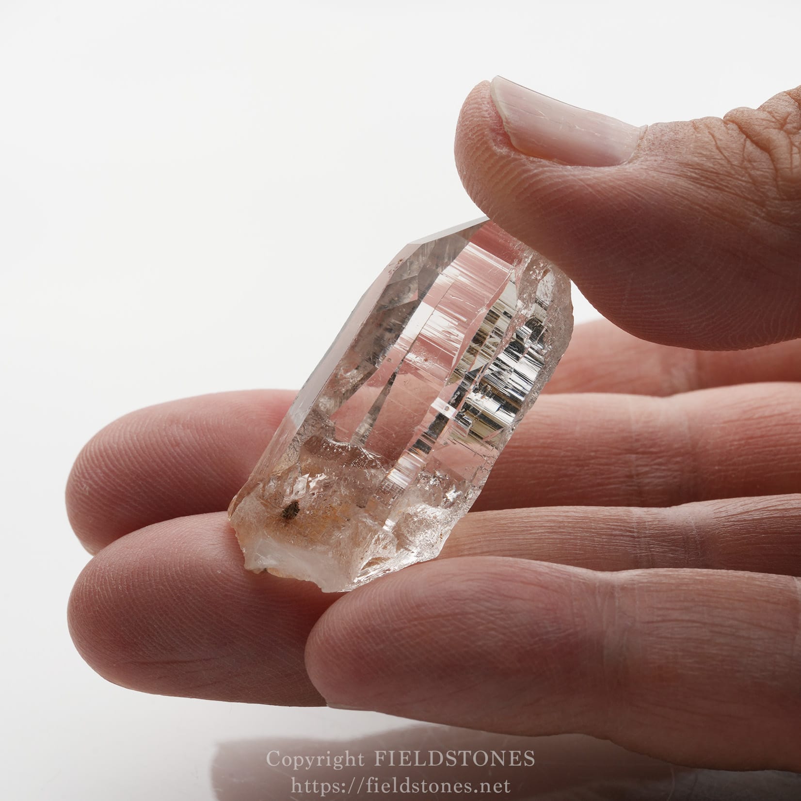 6501-11 - FieldStones Clear quartz crystal point held between fingertips against a white background