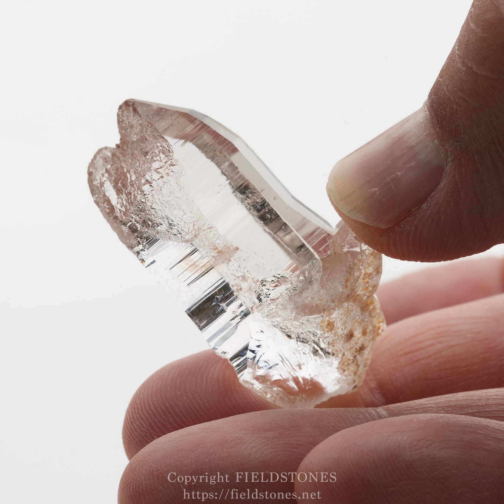 6501-8 - FieldStones Close-up of a clear quartz crystal held between a thumb and finger against a light background, showing its prismatic facets.