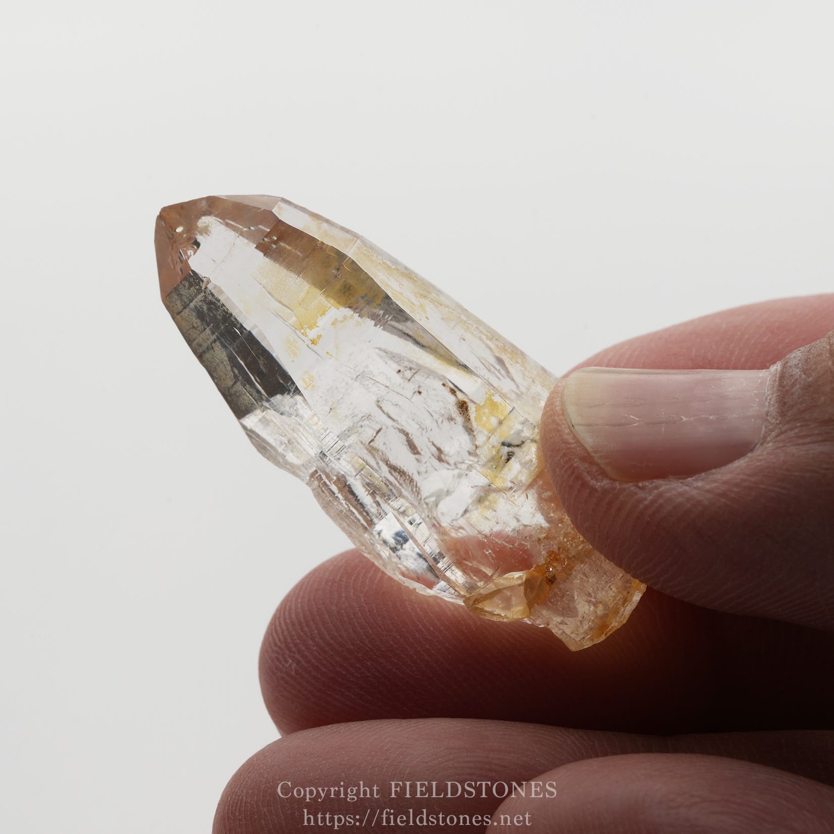 6506-8 - FieldStones Clear quartz crystal point being held between a person's thumb and forefinger, close-up view.