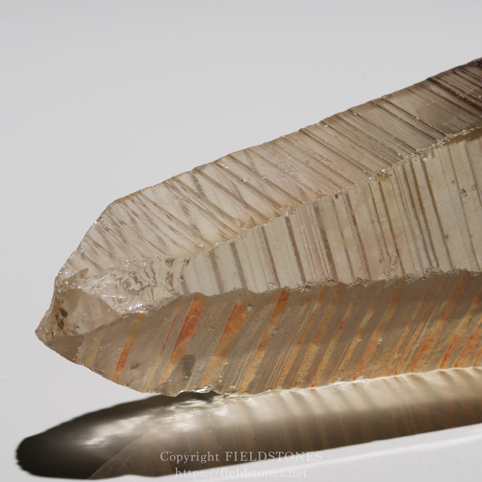 6524-5 - FieldStones Close-up of a large, pale-brown banded mineral shard with diagonal grooves on a reflective surface.
