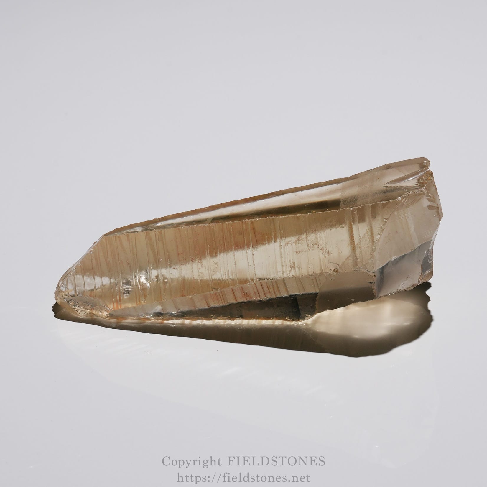 6524-7 - FieldStones Elongated smoky quartz crystal with faceted surfaces resting on a reflective white background