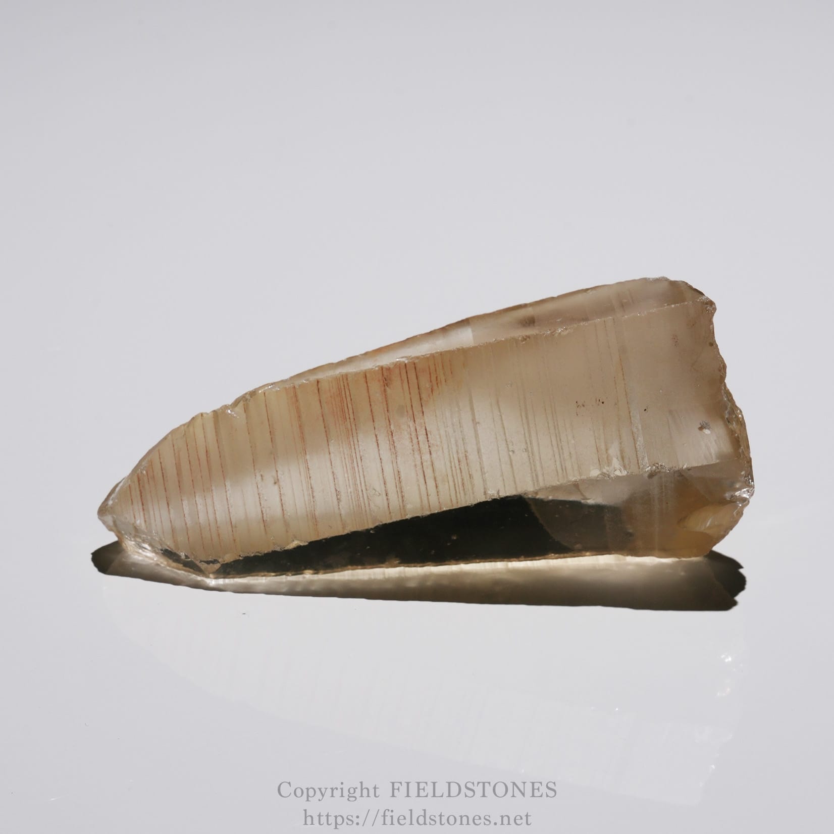 6524-9 - FieldStones Translucent beige calcite slice with vertical red-brown striations on a reflective white surface outward-facing edge lighted from above.