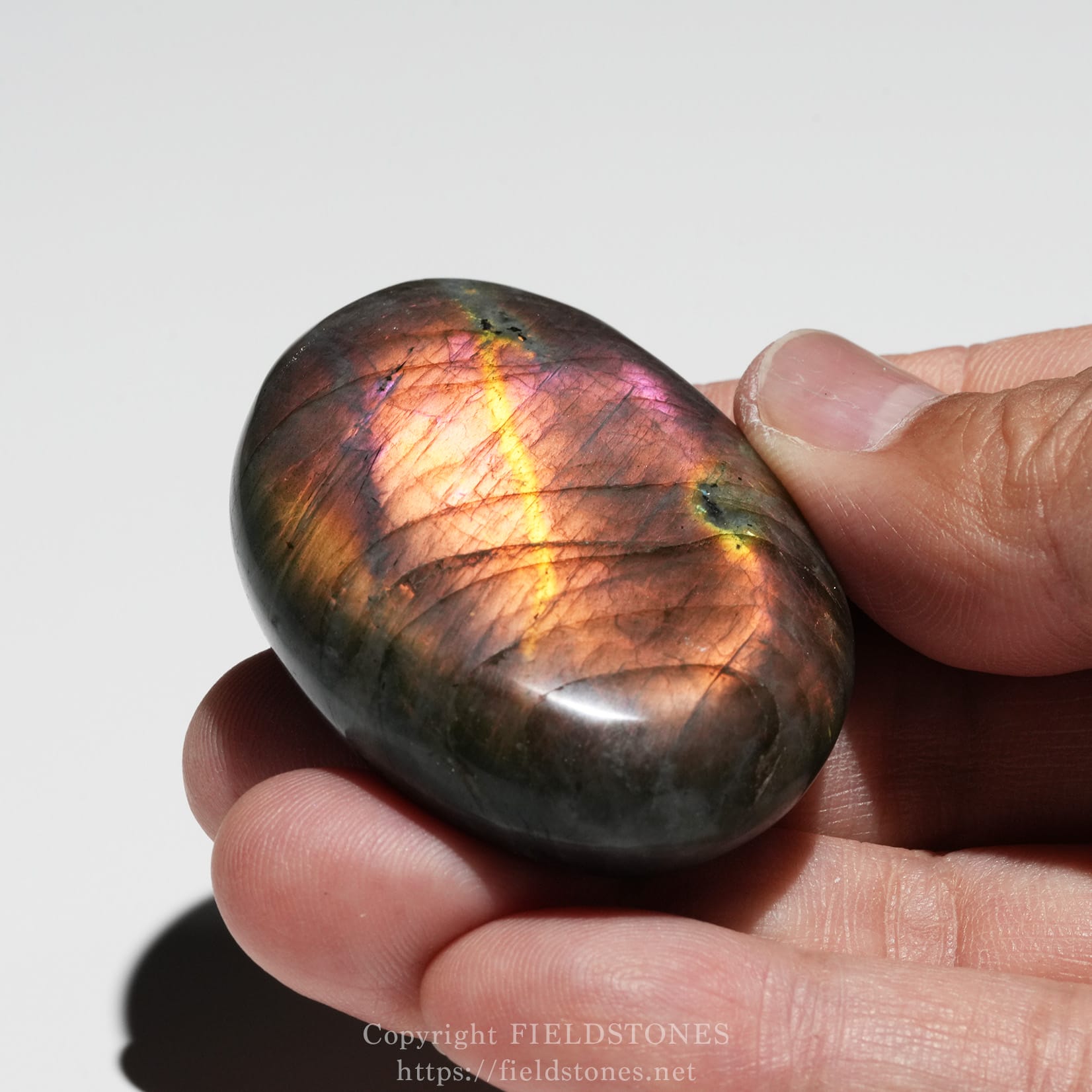 6525-4 - FieldStones Polished labradorite stone with iridescent rainbow flashes held between fingers