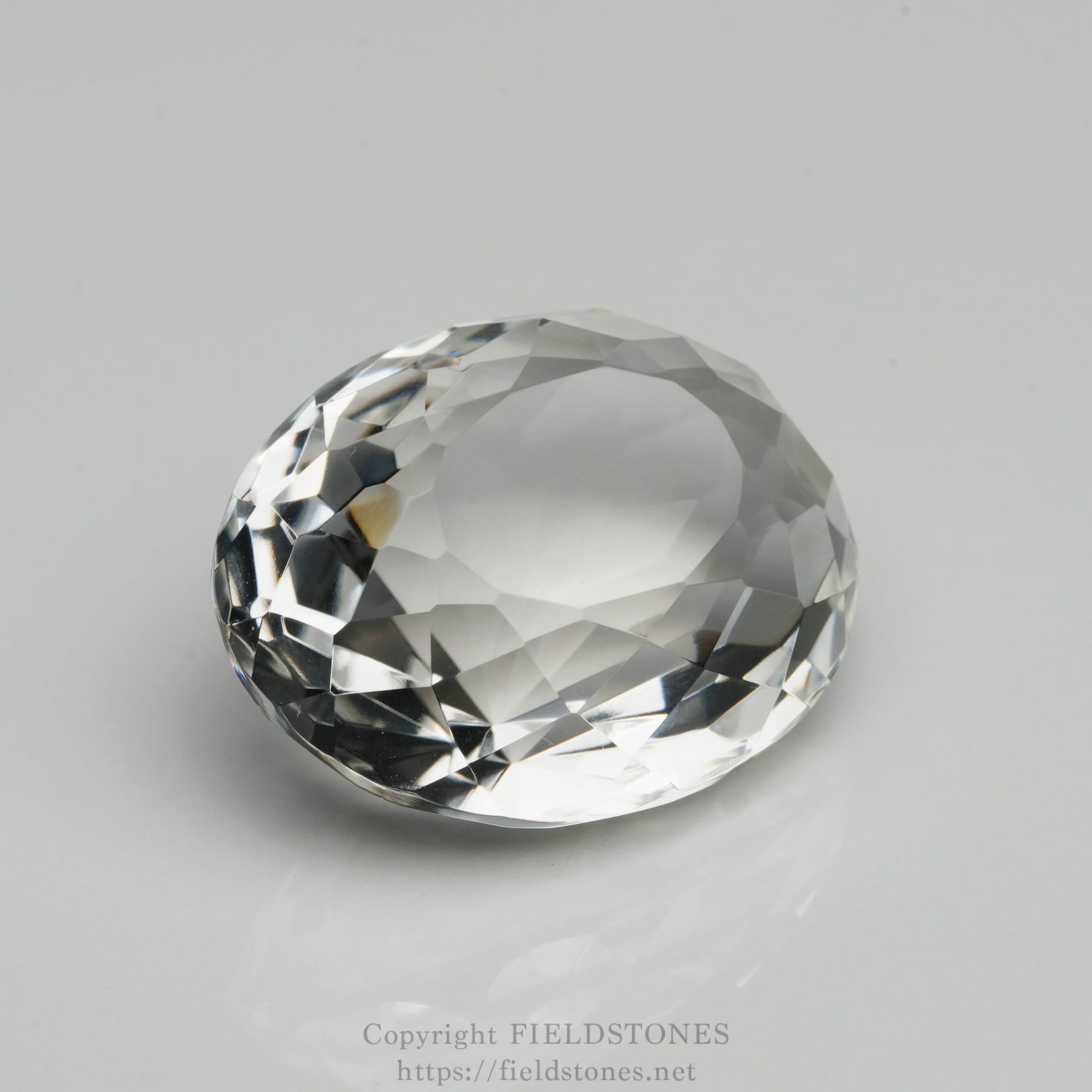 6537-1 - FieldStones Clear faceted crystal sphere resting on a light gray surface, showing reflective, prism-like facets.