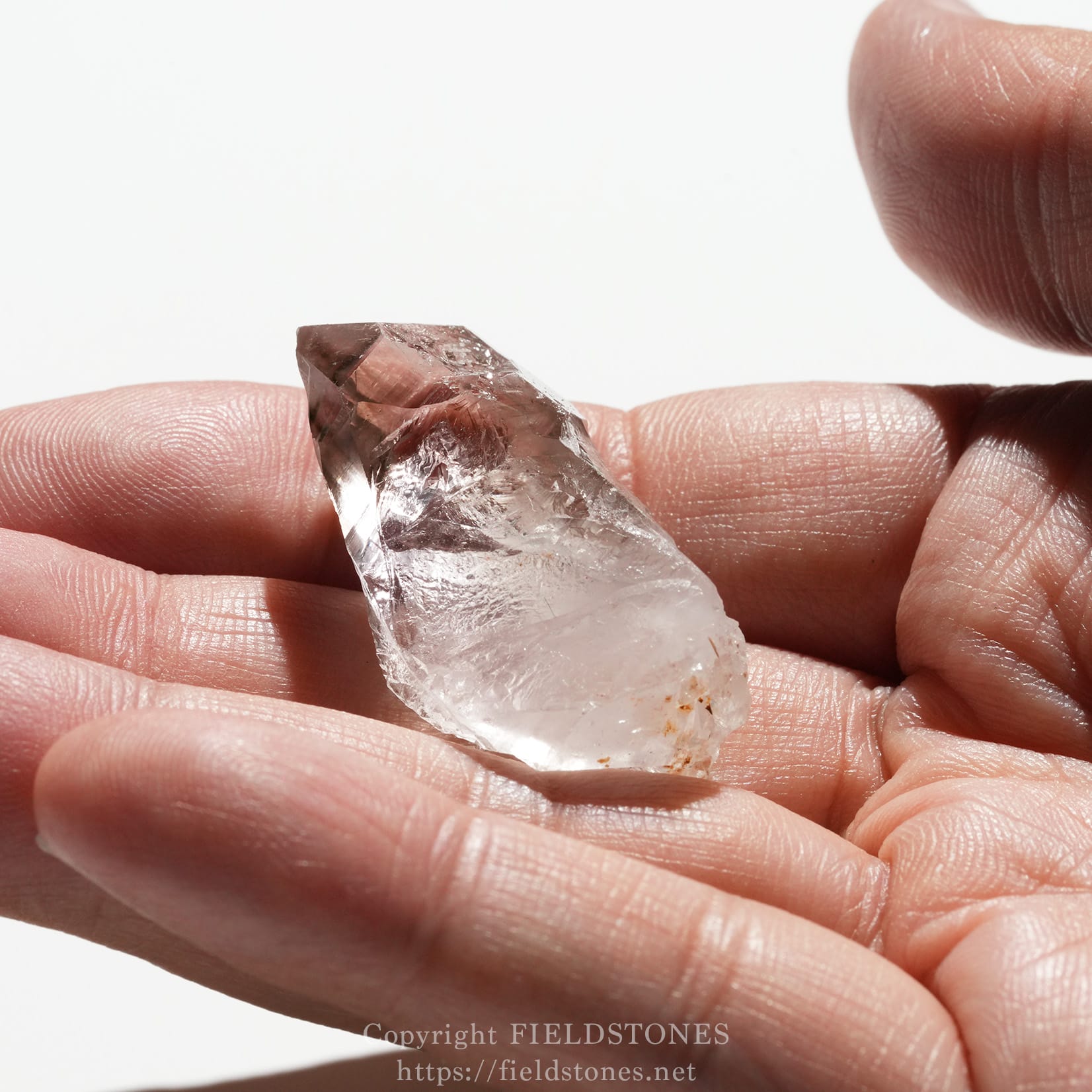 6562-10 - FieldStones Hand holding a rough, transparent quartz crystal against a white background, close-up view.
