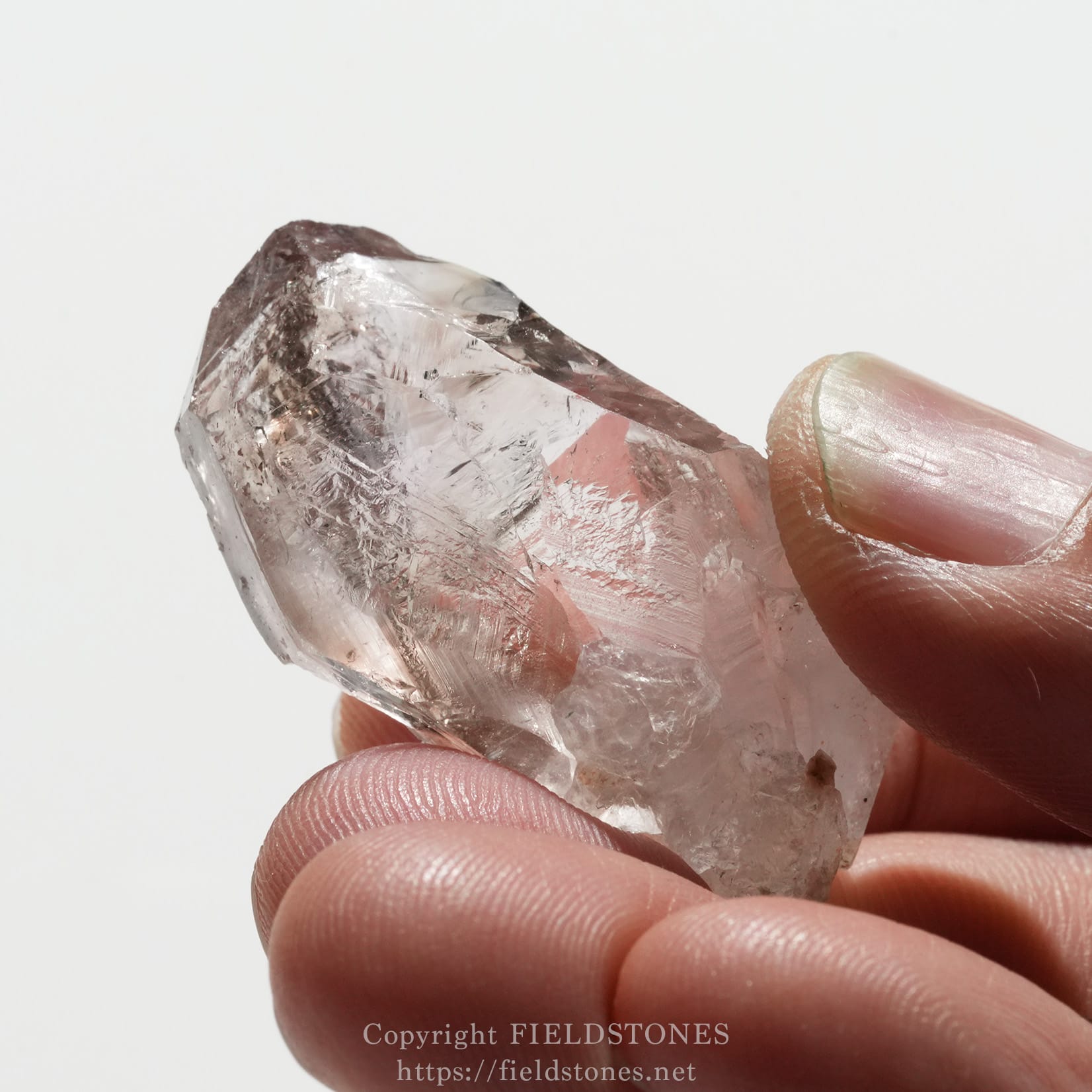 6562-7 - FieldStones Close-up of a pink quartz crystal held between a thumb and forefinger.