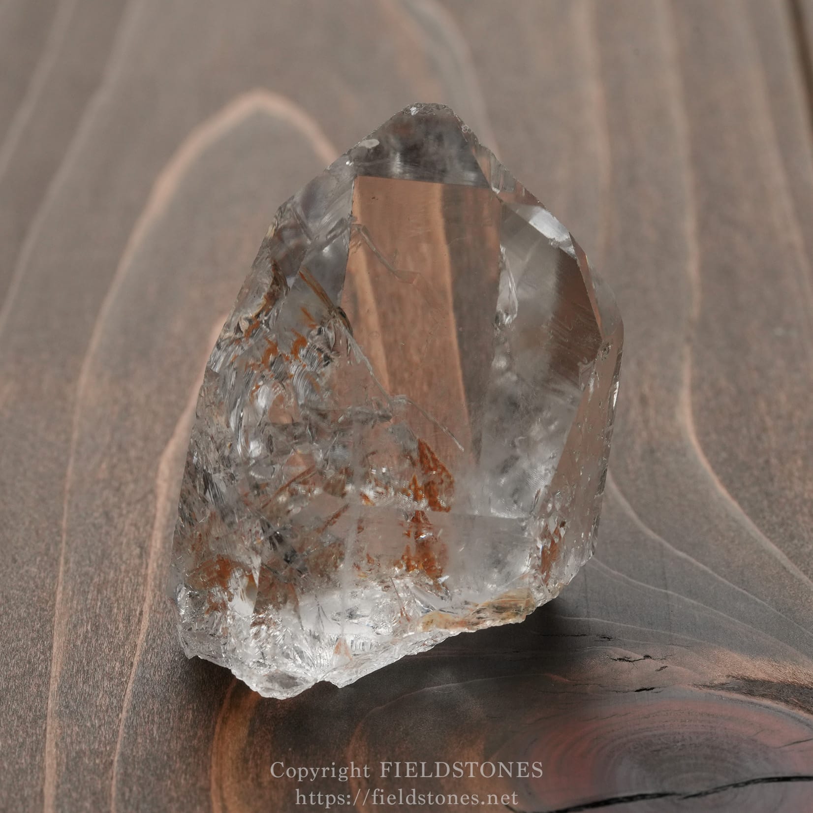 6571-17 - FieldStones Close-up of a clear quartz crystal with orange mineral inclusions resting on a dark wooden surface.