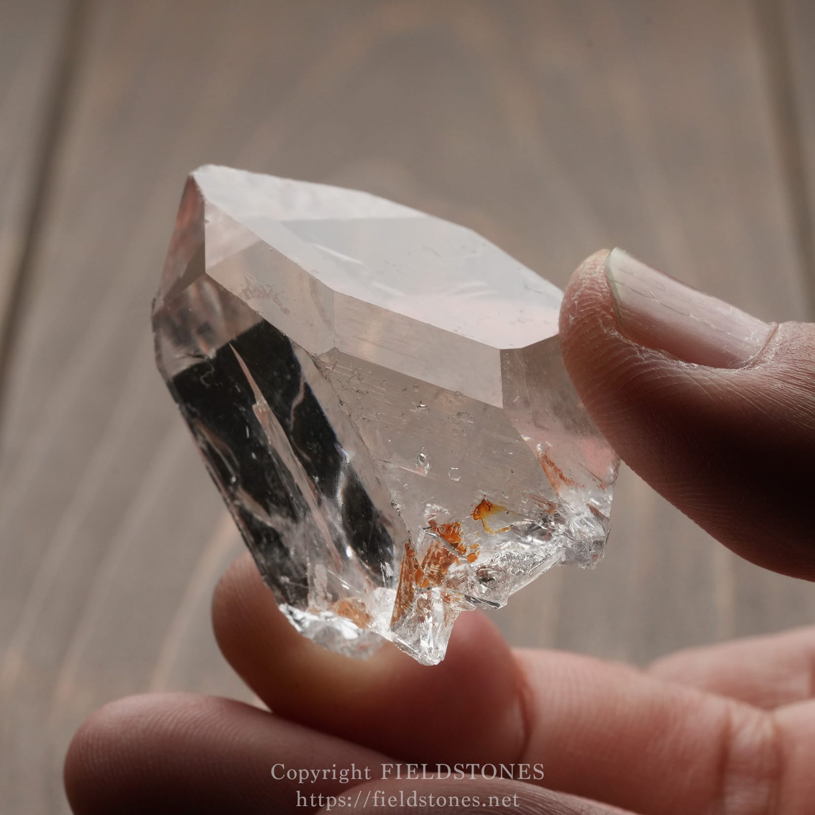 6571-6 - FieldStones Close-up of a clear quartz crystal held between fingertips, showing sharp facets and透 reflections against a soft background