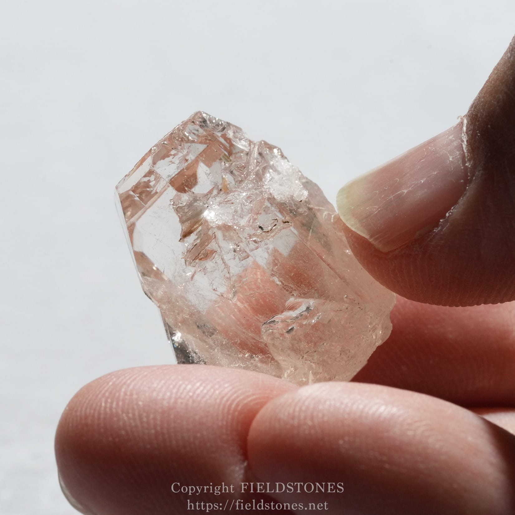 6576-7 - FieldStones Close-up of a pink translucent crystal (rose quartz) held between a thumb and forefinger against a light background.