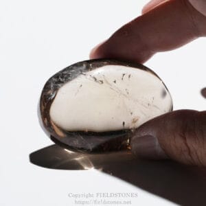Close-up of a hand holding a polished brown translucent palm stone against a white background.