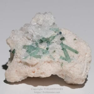 Green, needle-like crystals embedded in a pale, rough rock matrix (mineral specimen).