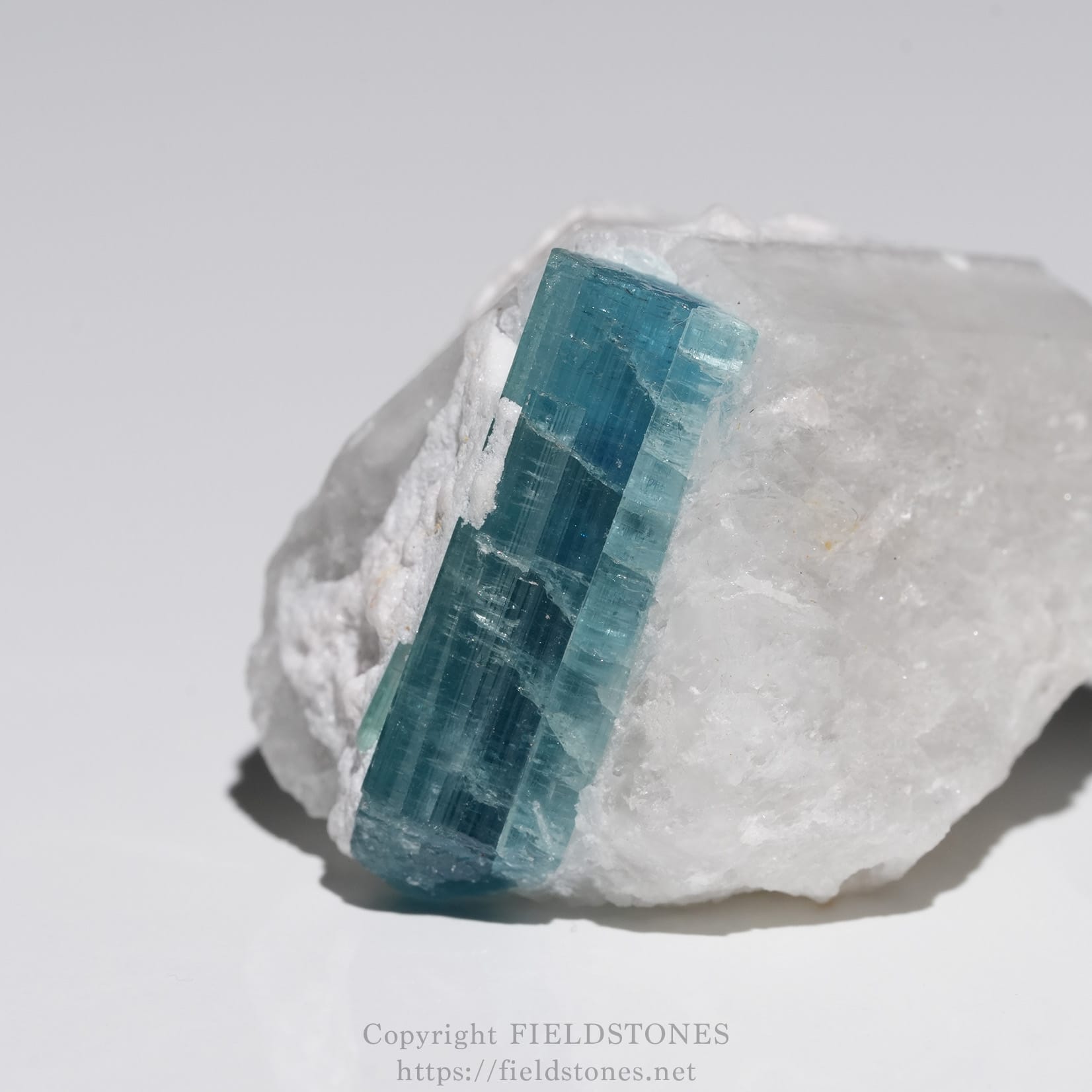 6651-1 - FieldStones Blue-green crystal embedded in a white rocky matrix, photographed in close focus.