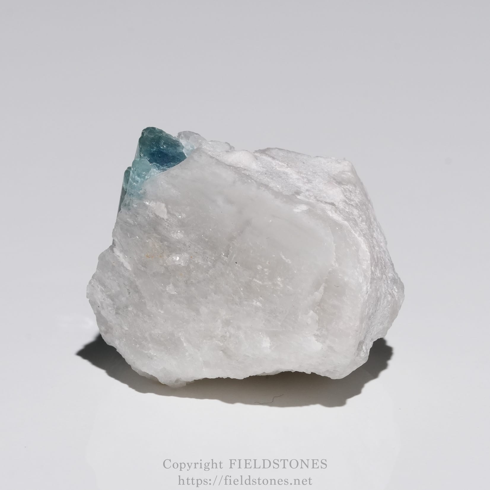 6651-5 - FieldStones Clear quartz cluster with a small blue-green aquamarine crystal perched on its edge, set against a light background.