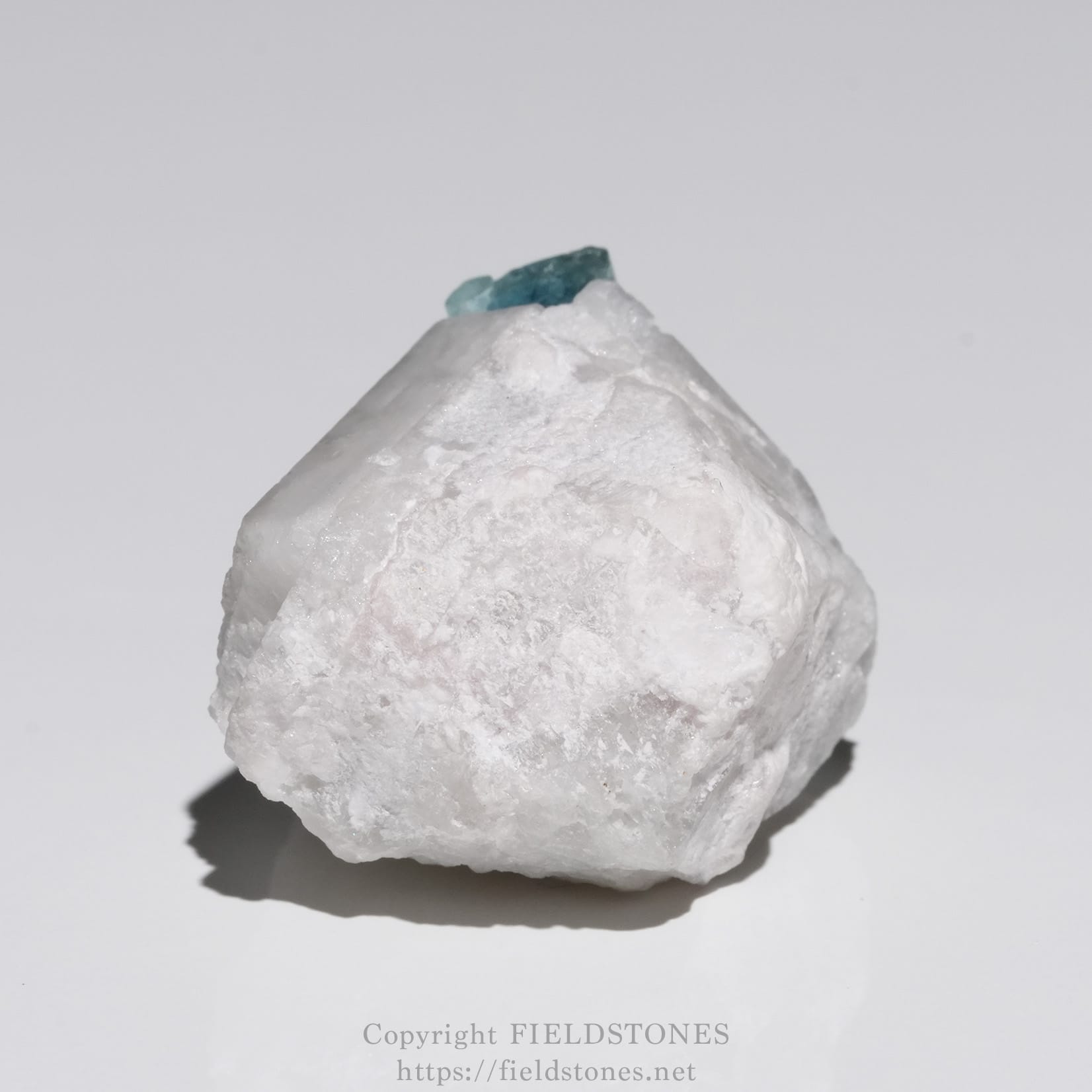 6651-6 - FieldStones White mineral rock with a small turquoise crystal perched on its peak.