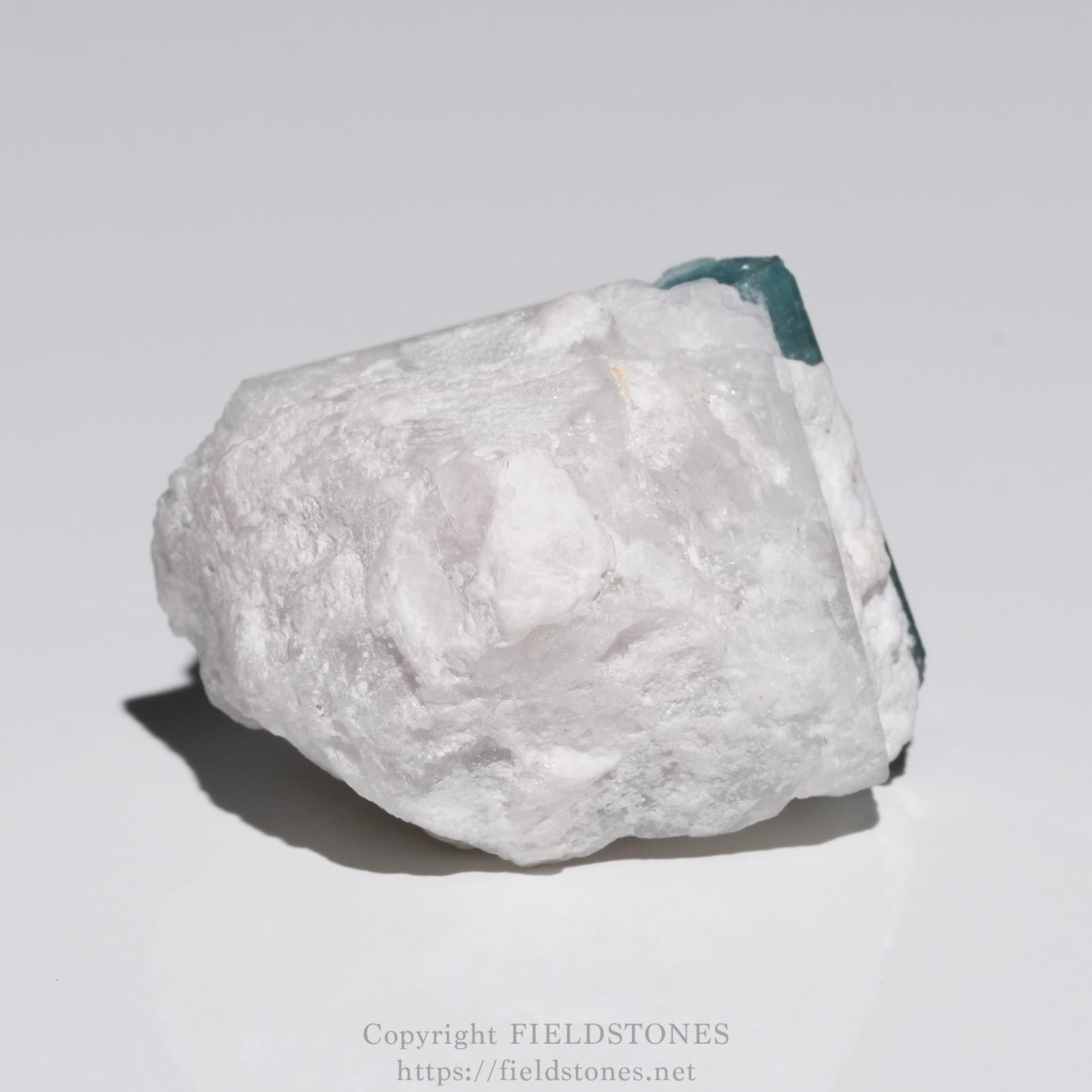 6651-7 - FieldStones White rough rock with a small turquoise-green crystal perched on its edge.