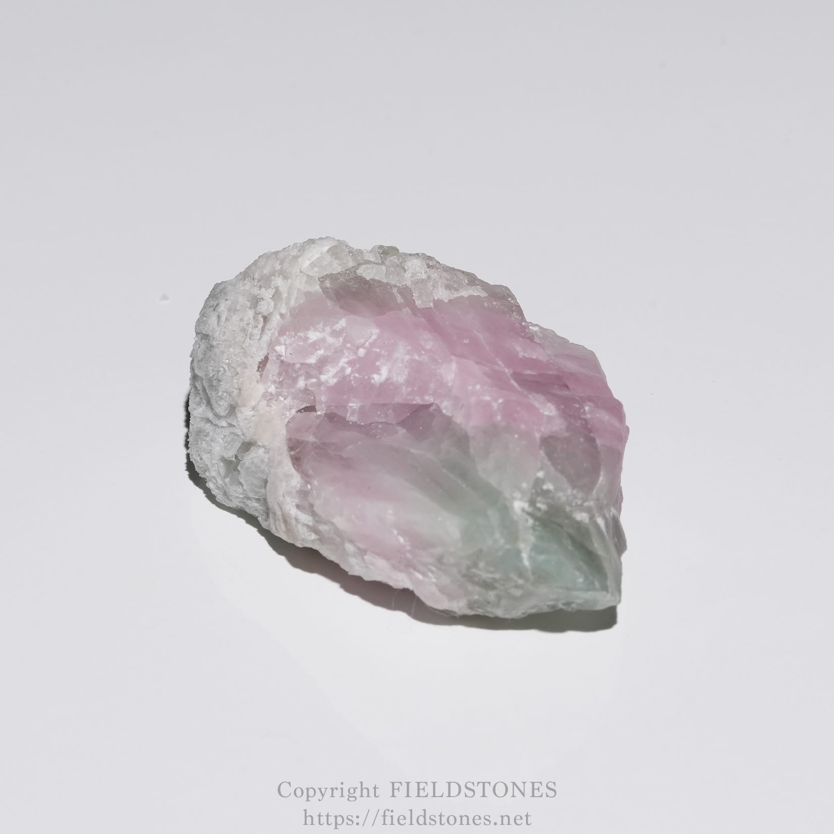 6652-5 - FieldStones Rough pink rose quartz crystal against a white background, showing its jagged surface and pastel hues.