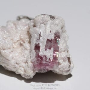 Pink prismatic crystal embedded in a white glittery host rock.