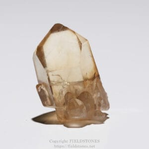 Pale smoky quartz crystal cluster standing upright on a white background.