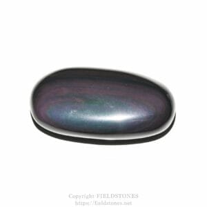 Polished rainbow obsidian palm stone with iridescent sheen on a white background