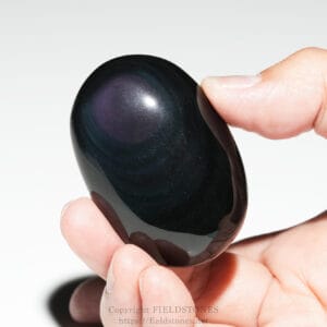 Close-up of a hand holding a smooth, glossy black oval stone (obsidian) against a white background.