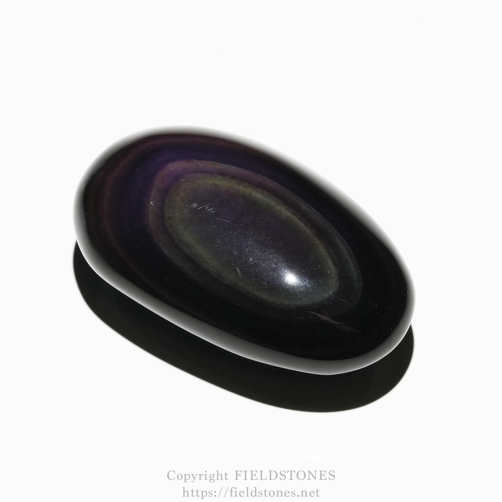 6684-2 - FieldStones Polished black oval stone with subtle purple-green marbling on a white background