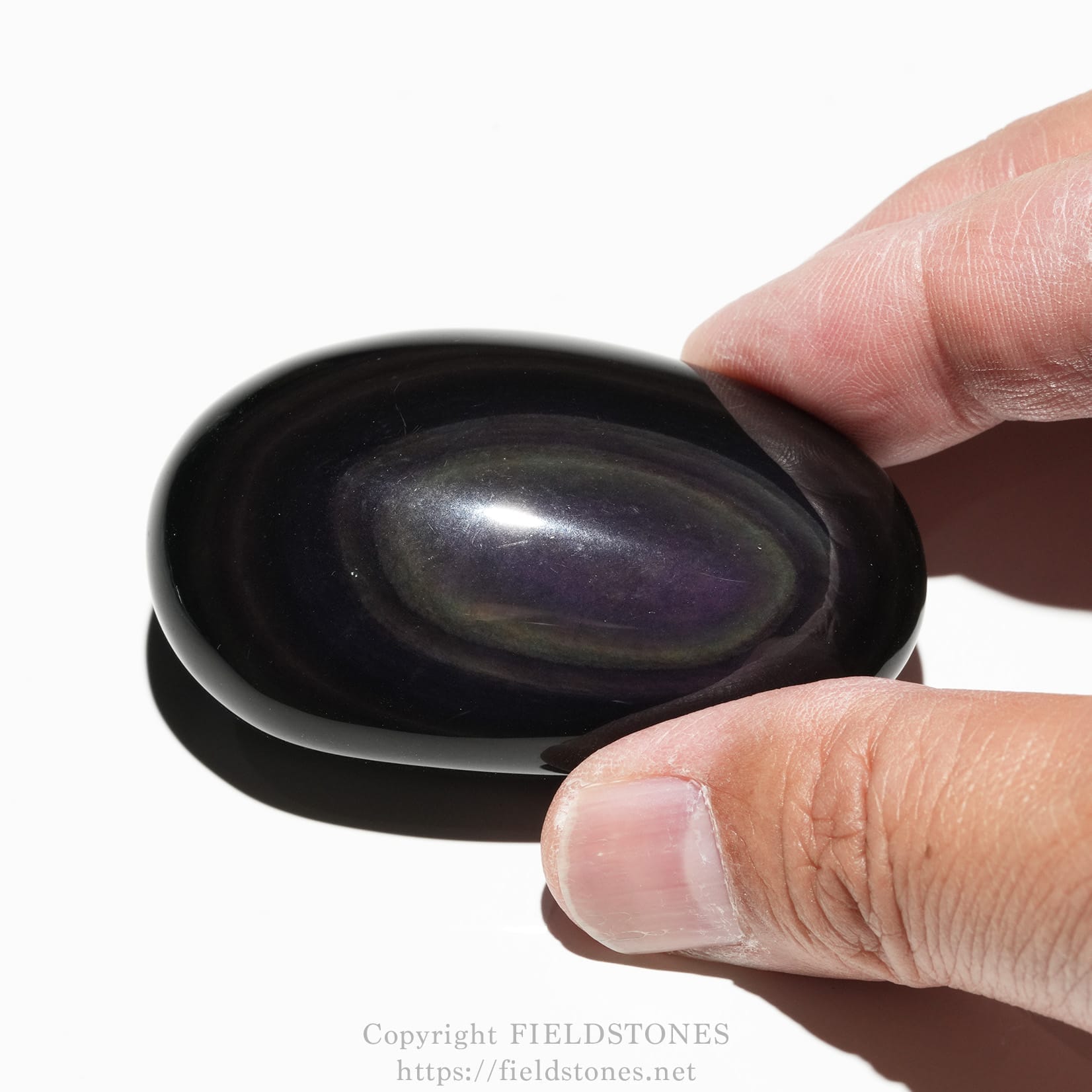6684-4 - FieldStones Close-up of fingers pinching a smooth, glossy black tumble stone against a white background.