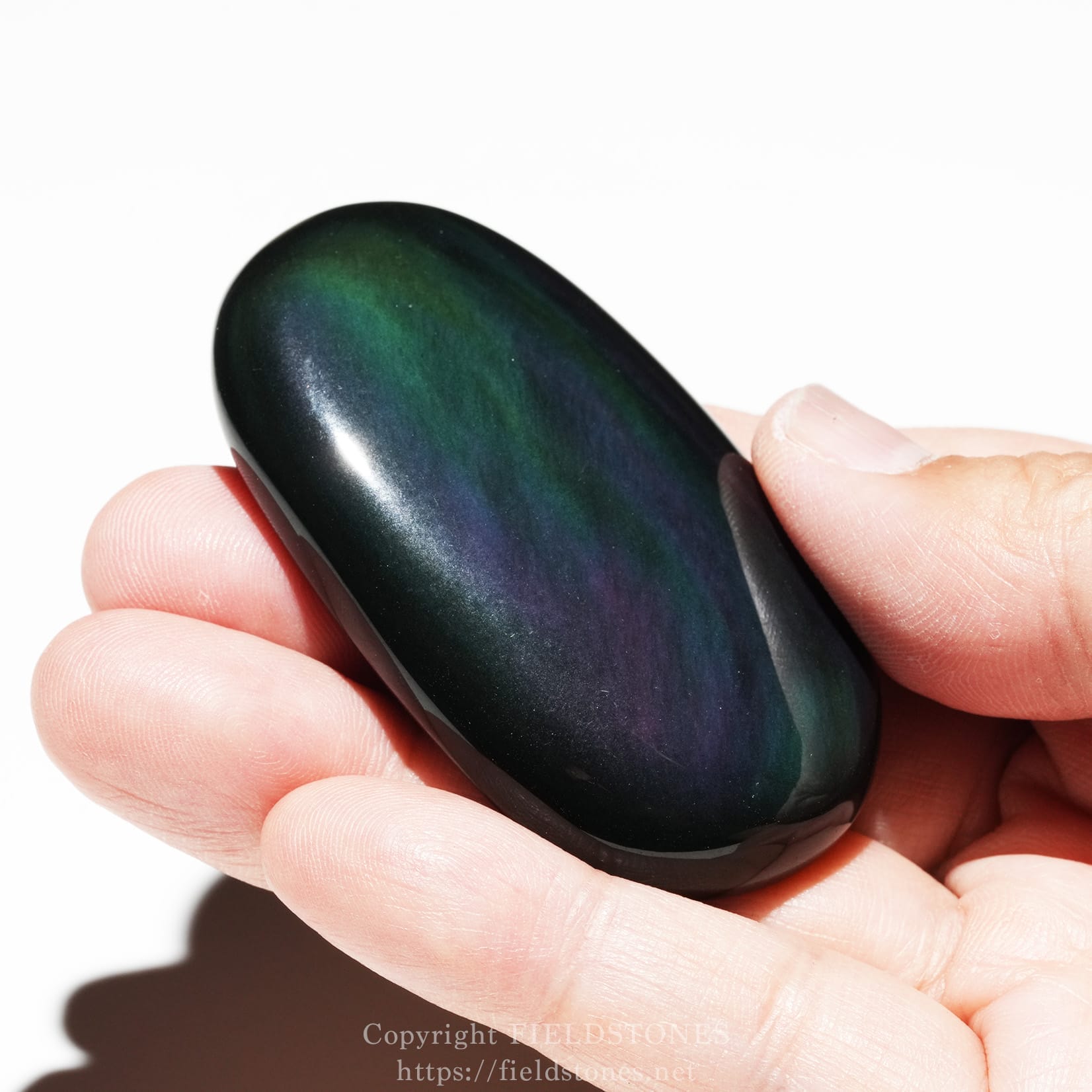 6685-5 - FieldStones Glossy oval gemstone with iridescent green, blue, and purple hues held between fingertips.
