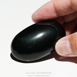 Close-up of a hand pinching a glossy black stone against a white background in a macro shot.