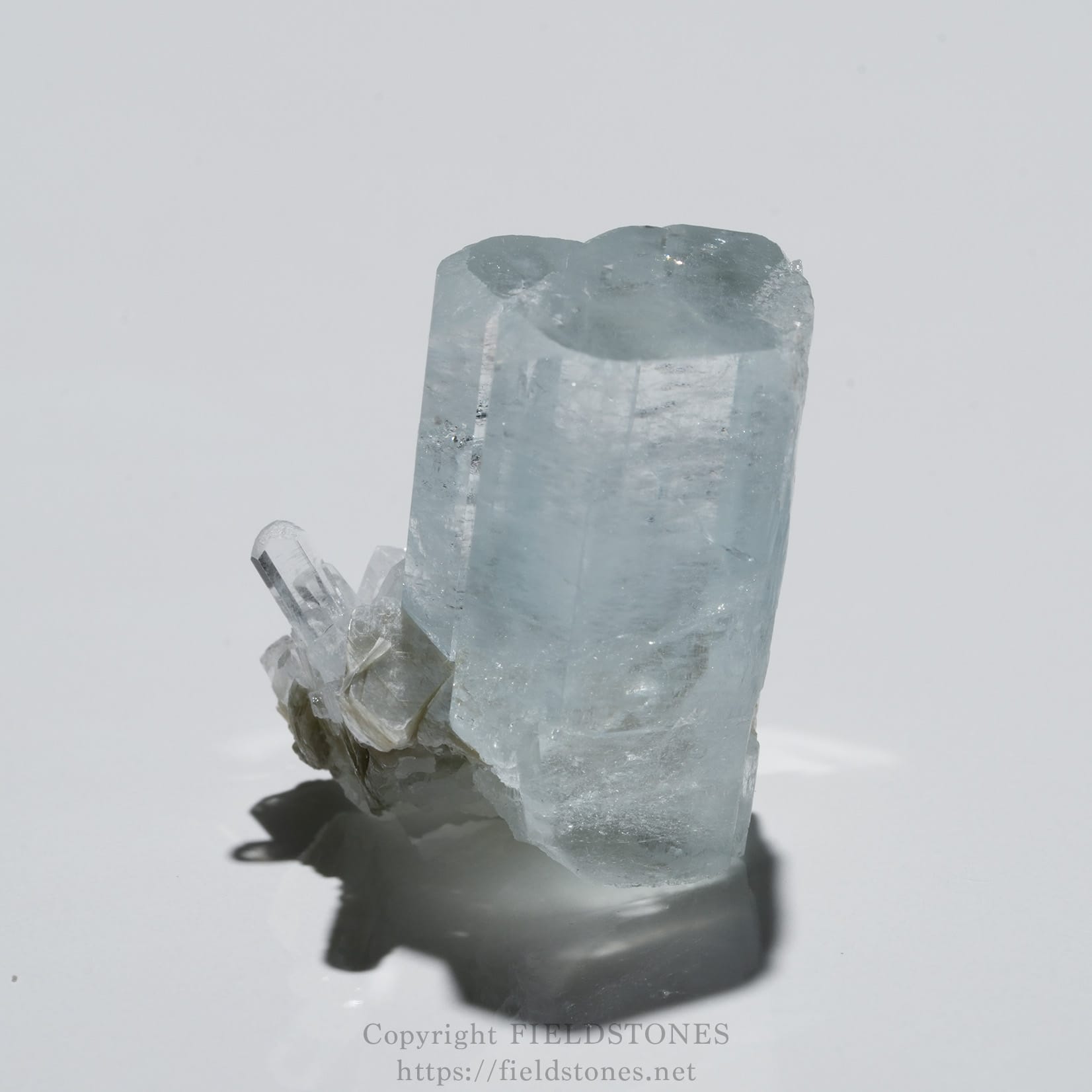 6690-4 - FieldStones Pale blue aquamarine crystal with a tall main prism and small crystal cluster at its base on a white background