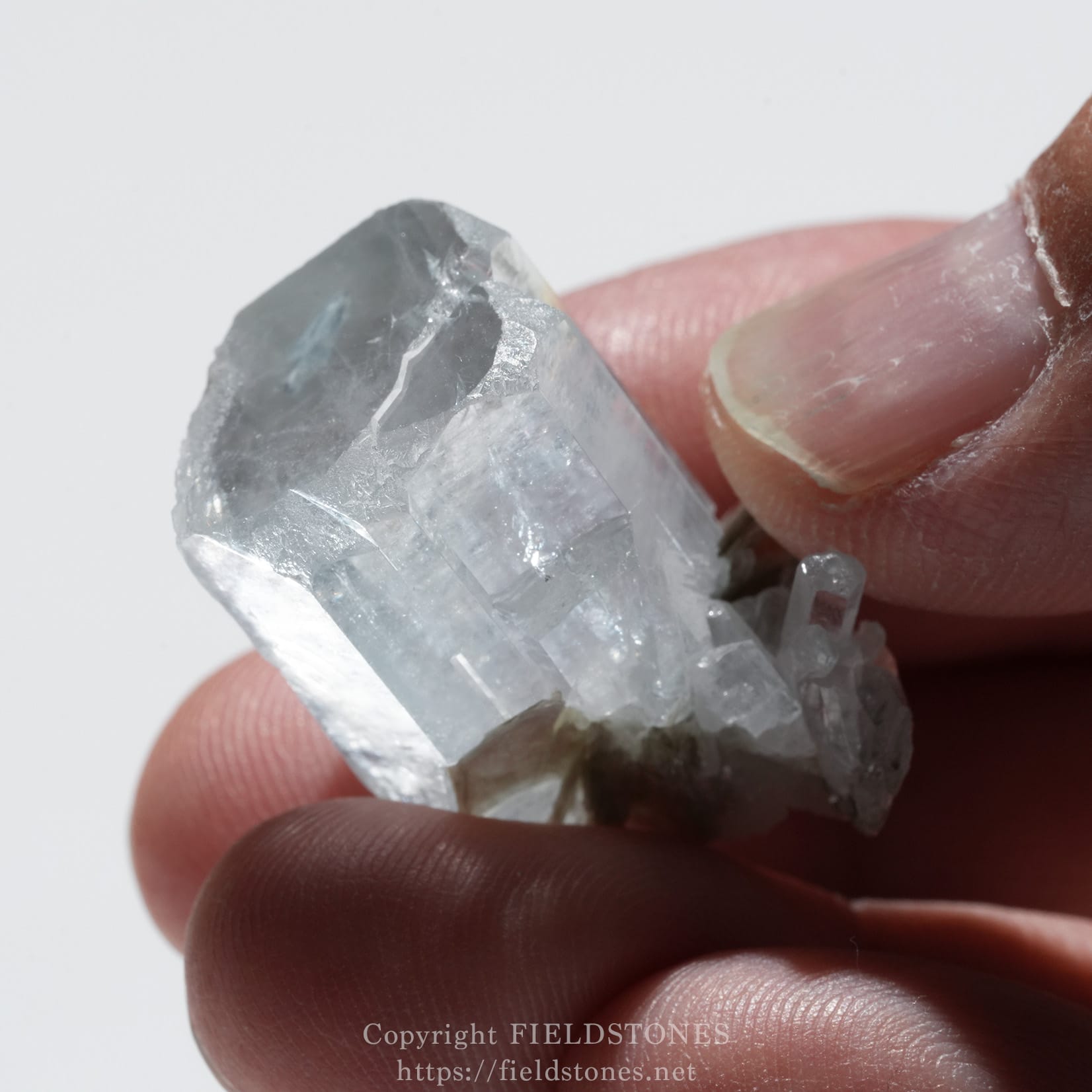 6690-8 - FieldStones Close-up of a clear quartz crystal held between fingers.