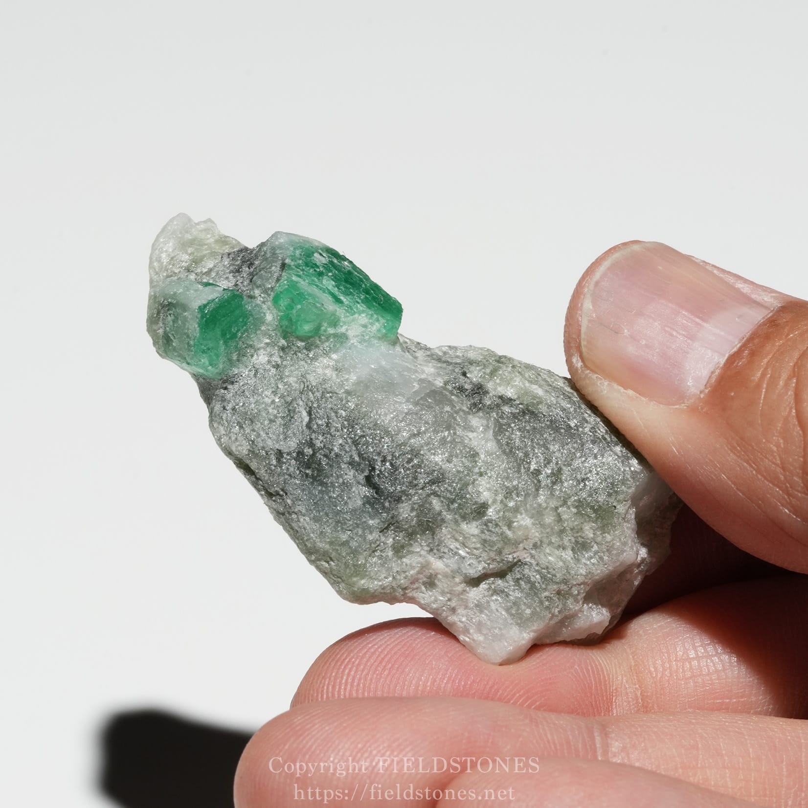 6696-8 - FieldStones Close-up of a rough rock with vivid green crystal clusters held between fingers
