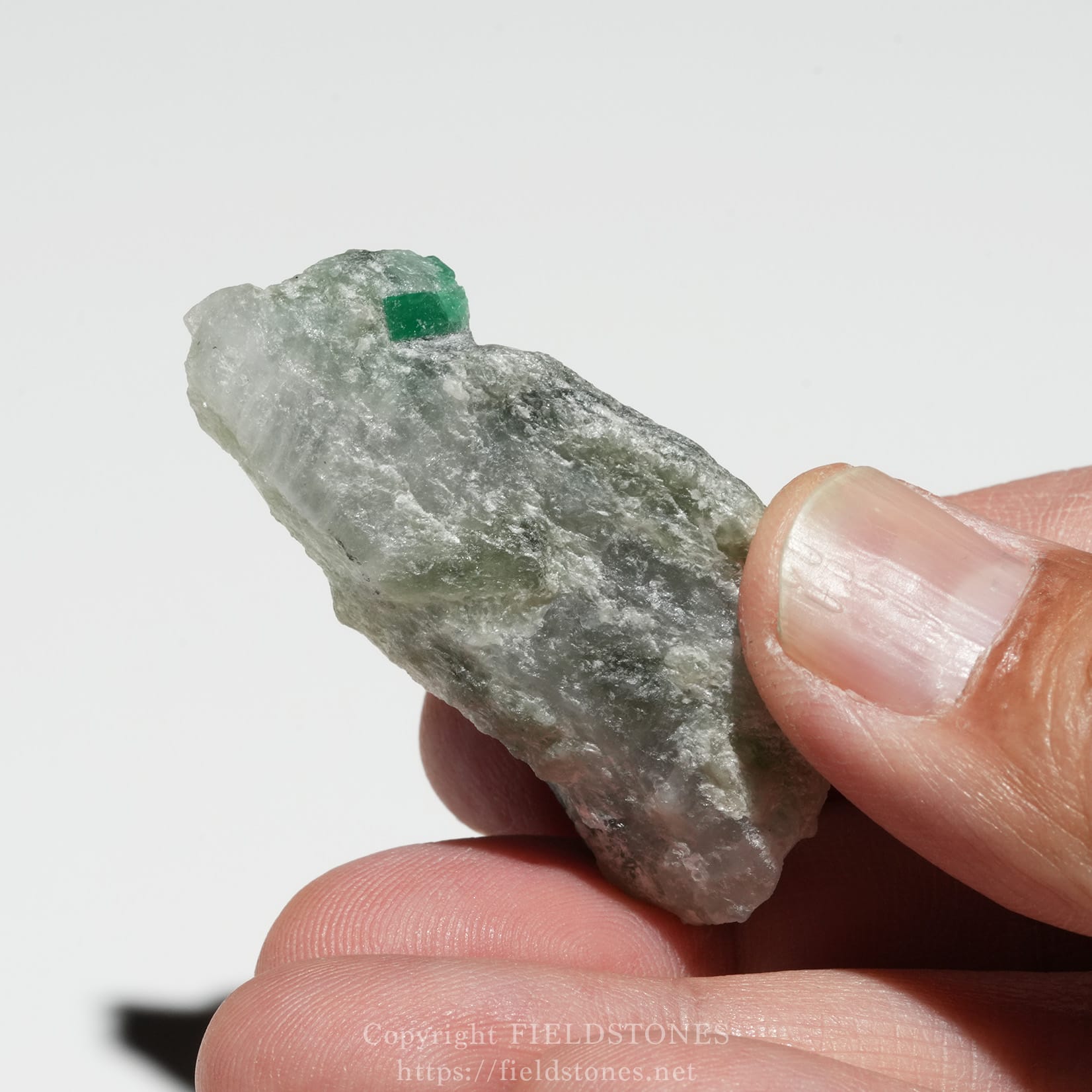 6696-9 - FieldStones Person holding a rough, translucent rock with a small bright green emerald crystal embedded inside.