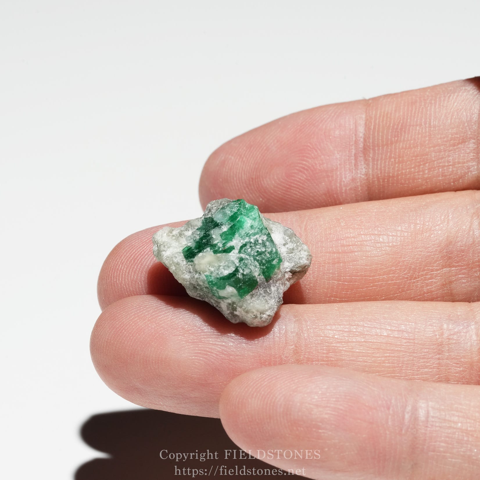 6700-10 - FieldStones Small rough emerald crystal held between the thumb and index finger, with a white rock matrix nearby.