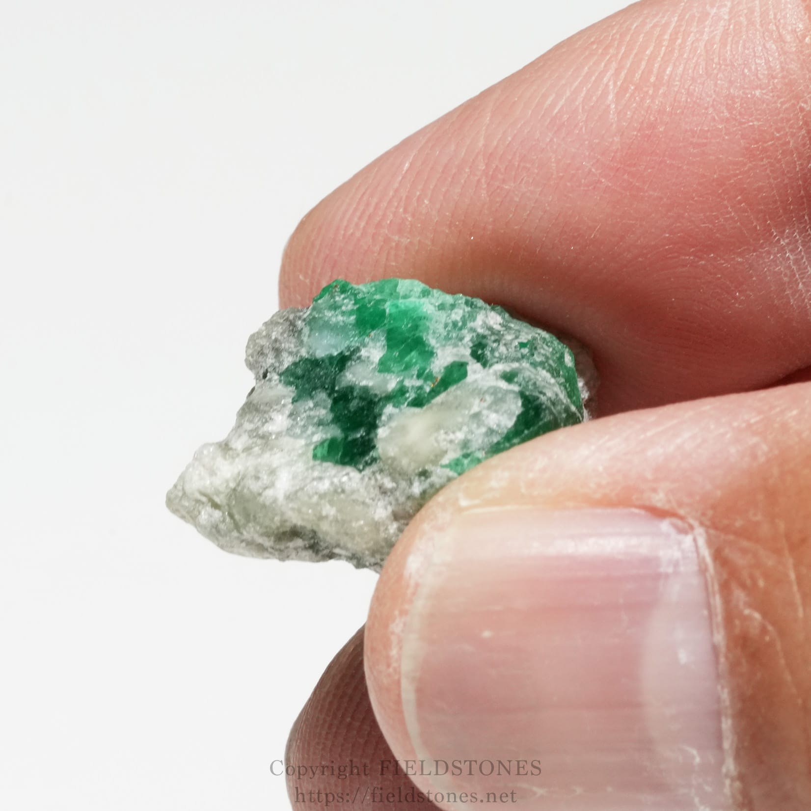 6700-8 - FieldStones Close-up of a small green mineral crystal held between the fingertips.