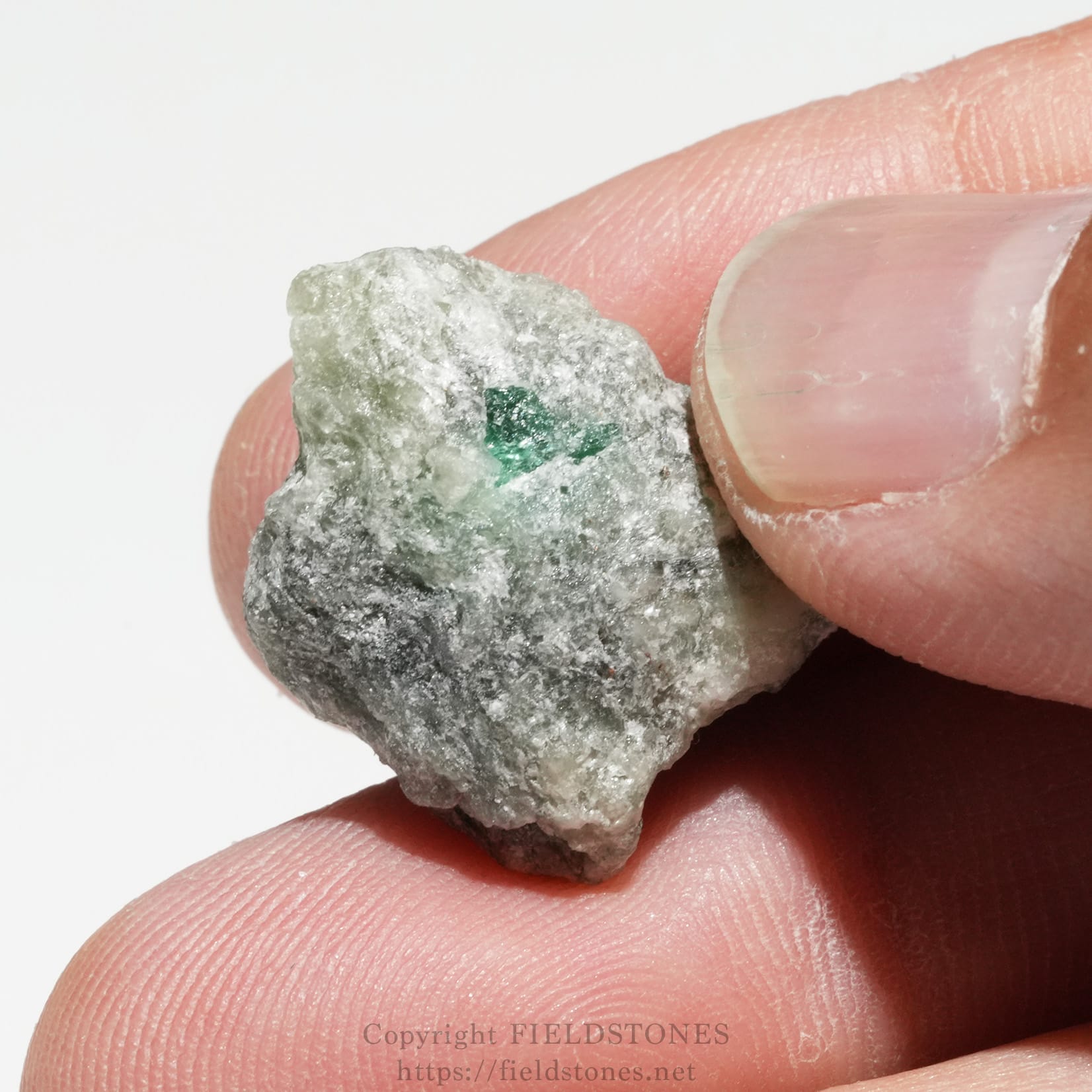 6700-9 - FieldStones Close-up of a rough gray rock with a small emerald-green crystal embedded, held between fingers.