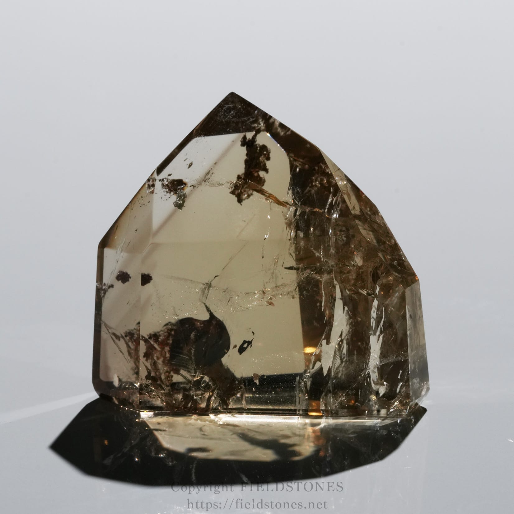 6708-1 - FieldStones Large smoky quartz crystal with brown inclusions, standing on a glossy surface.