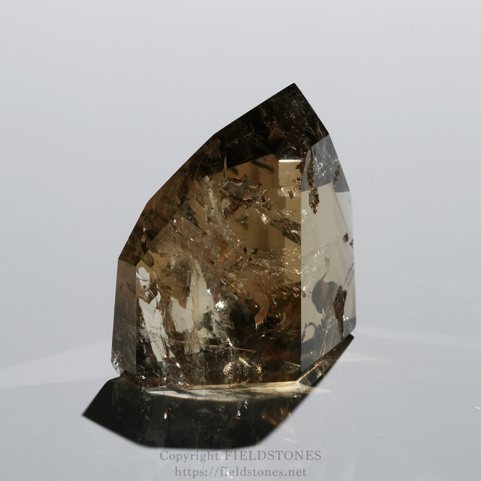 6708-3 - FieldStones Brown smoky quartz crystal standing upright on a reflective surface against a pale background, showing internal facets and inclusions.