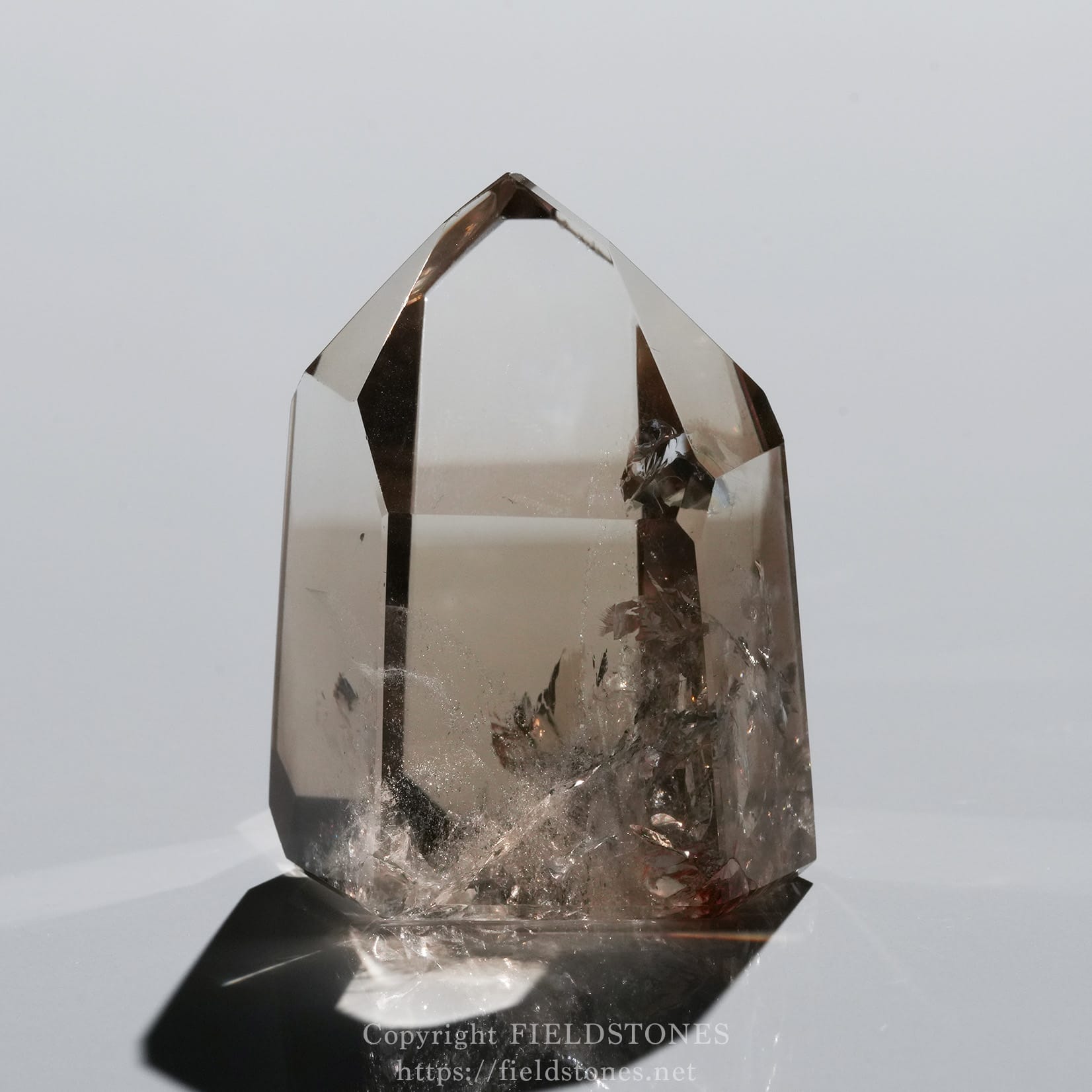 6710-3 - FieldStones Crystal quartz point standing upright on a reflective surface with internal facets and inclusions visible