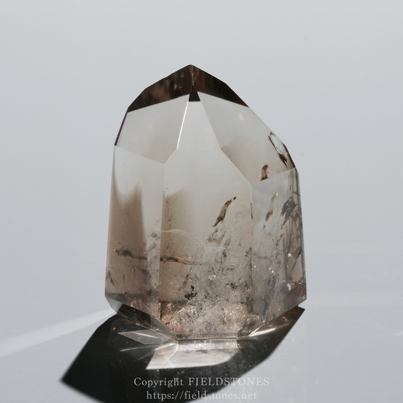 6710-8 - FieldStones Clear quartz crystal point on a black stand, showing internal inclusions and a reflective base against a pale background.