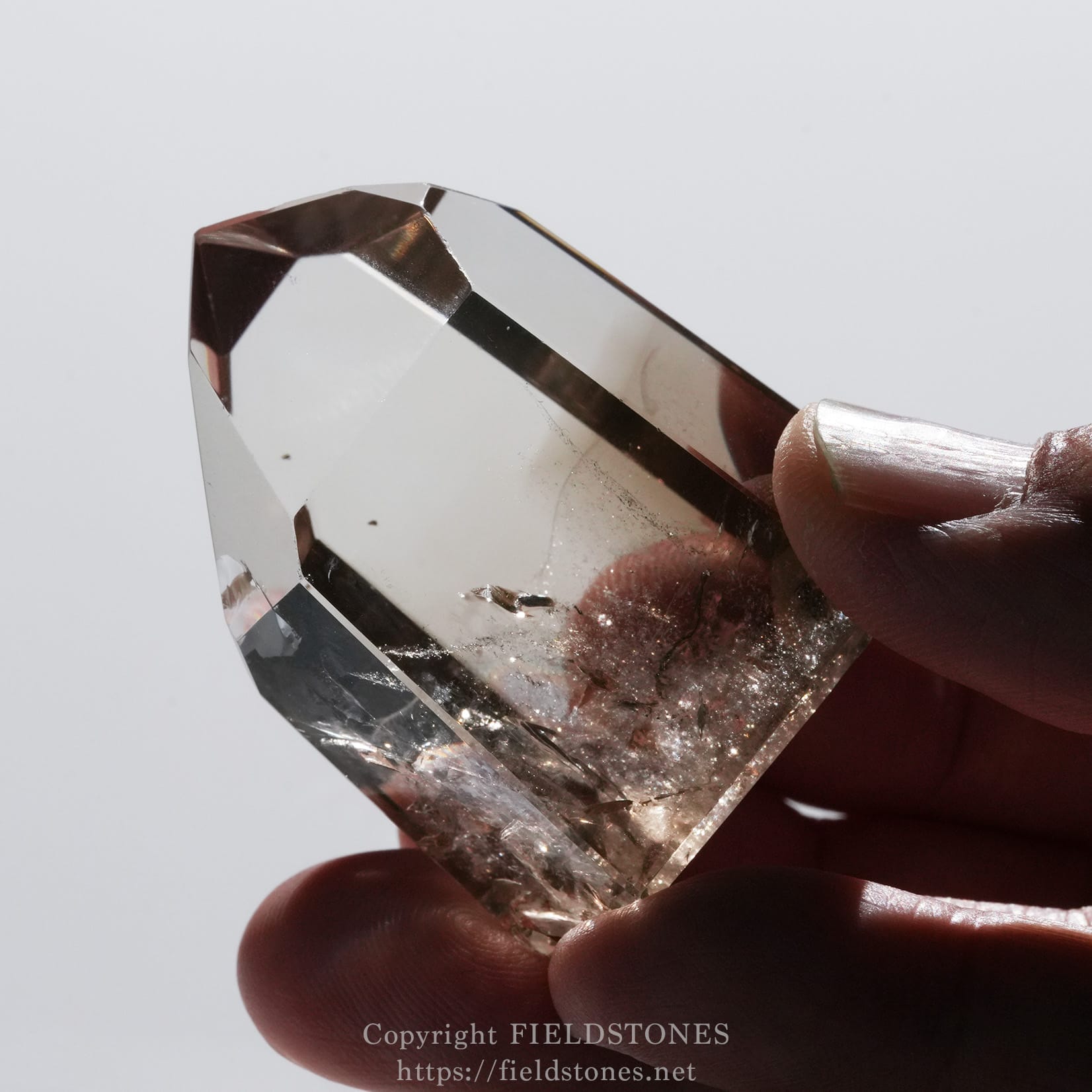 6710-9 - FieldStones Close-up of a clear, faceted crystal held between fingertips against a pale background.