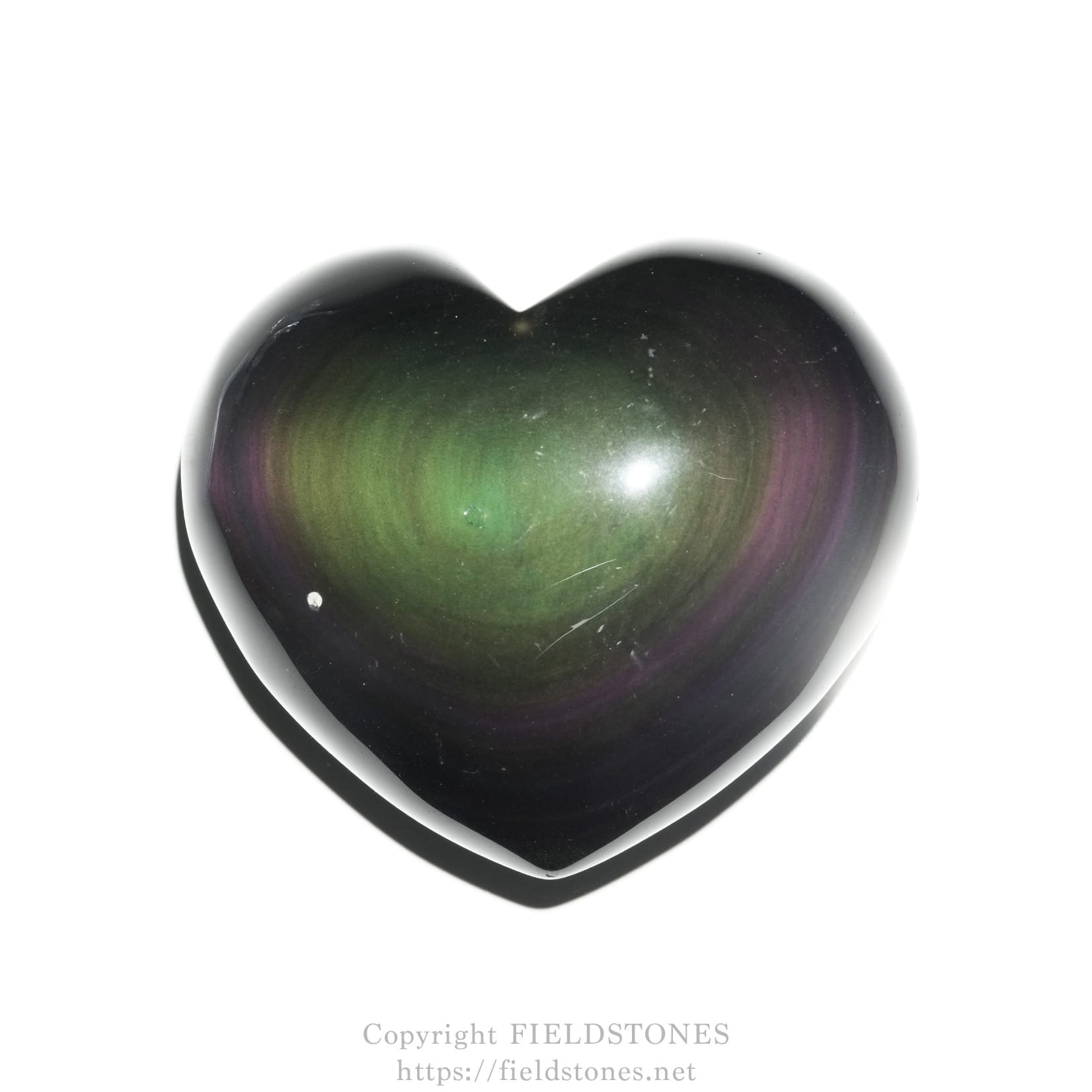 6711-2 - FieldStones Glossy heart-shaped stone with a green-to-purple gradient on a white background.
