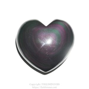 Close-up of a glossy, heart-shaped stone with purple and green iridescence on a white background.