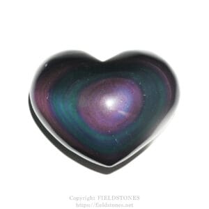 Polished heart-shaped gemstone with rainbow iridescent layers on a white background, glossy and reflective.