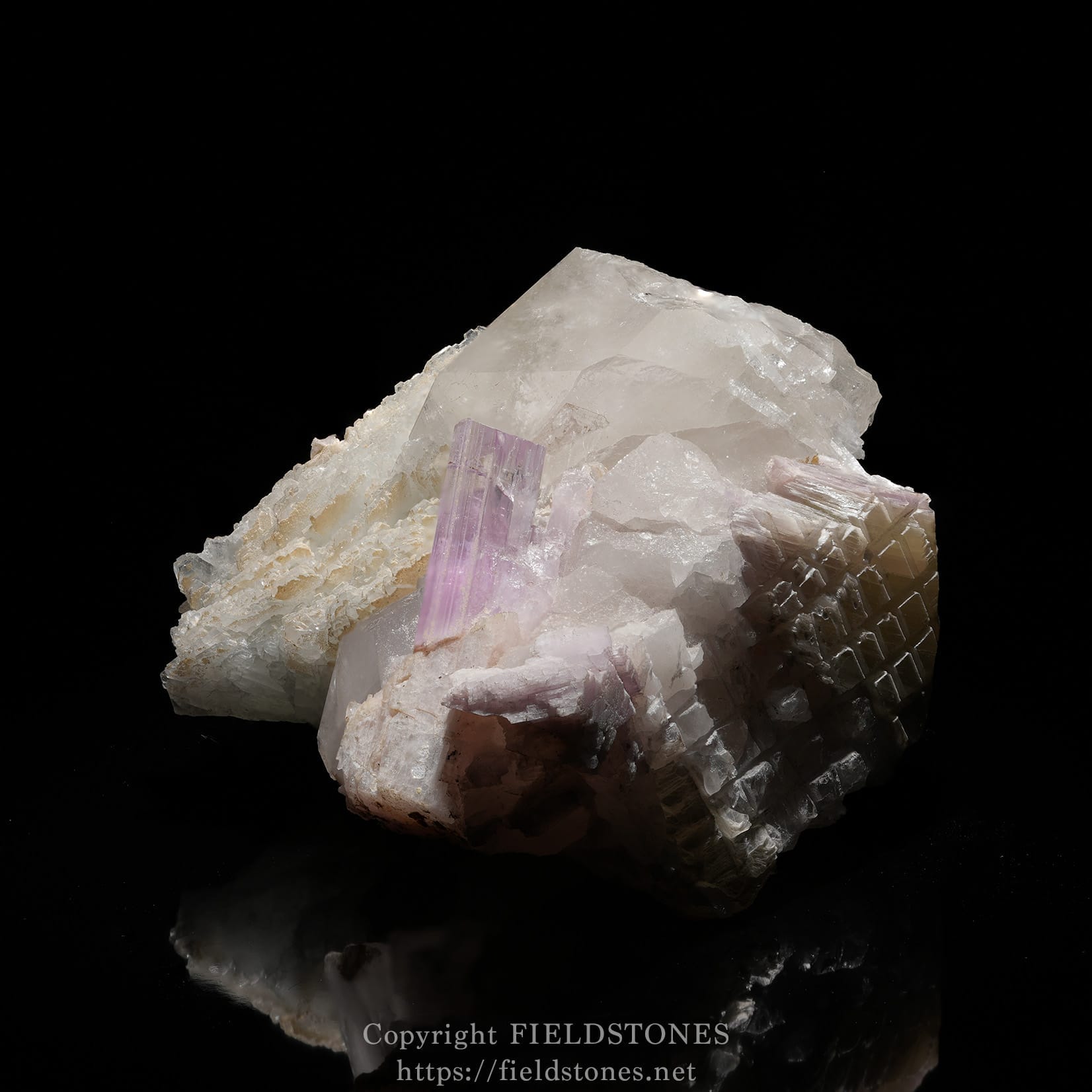 6725-4 - FieldStones Amethyst crystal cluster with white calcite on a black background, glossy bottom reflection visible.