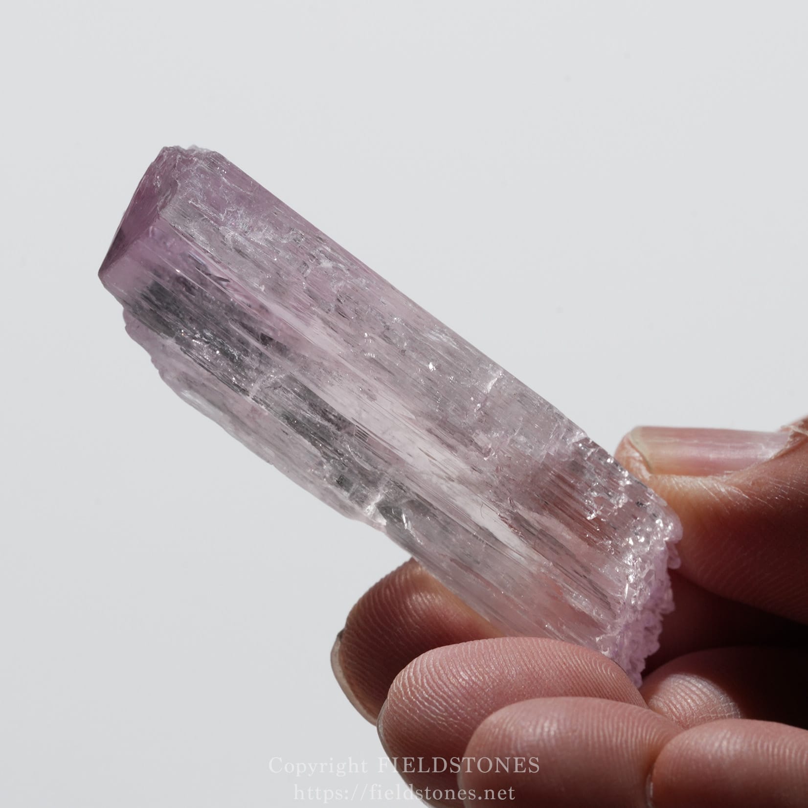 6726-9 - FieldStones Pinkish purple crystal point held between two fingers against a white background.
