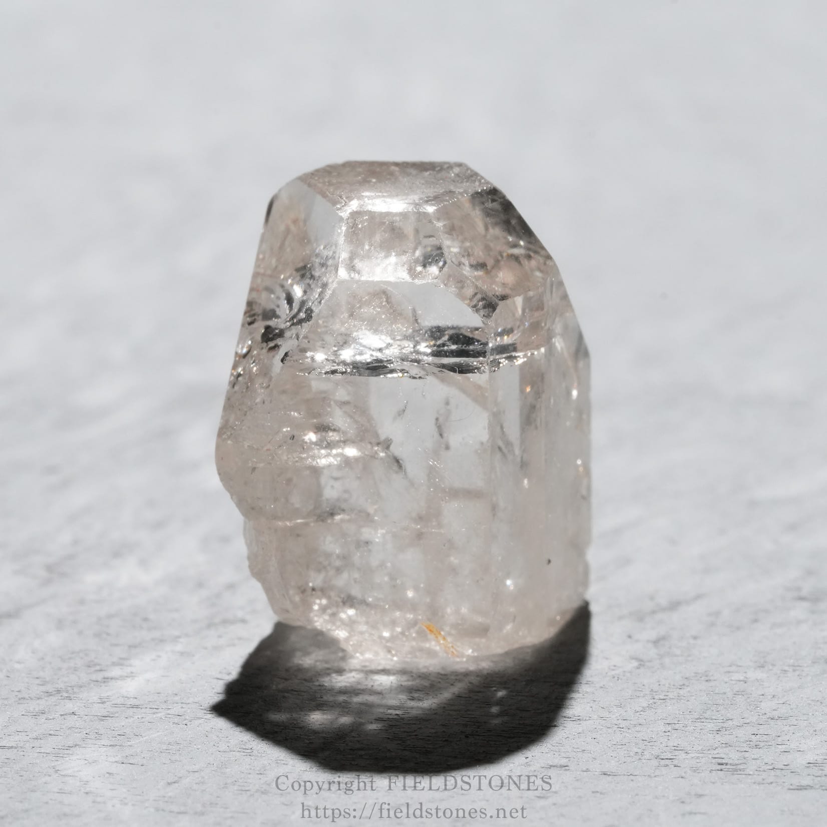 6737-1 - FieldStones Clear quartz crystal point standing upright on a gray textured surface, facets catching the light.
