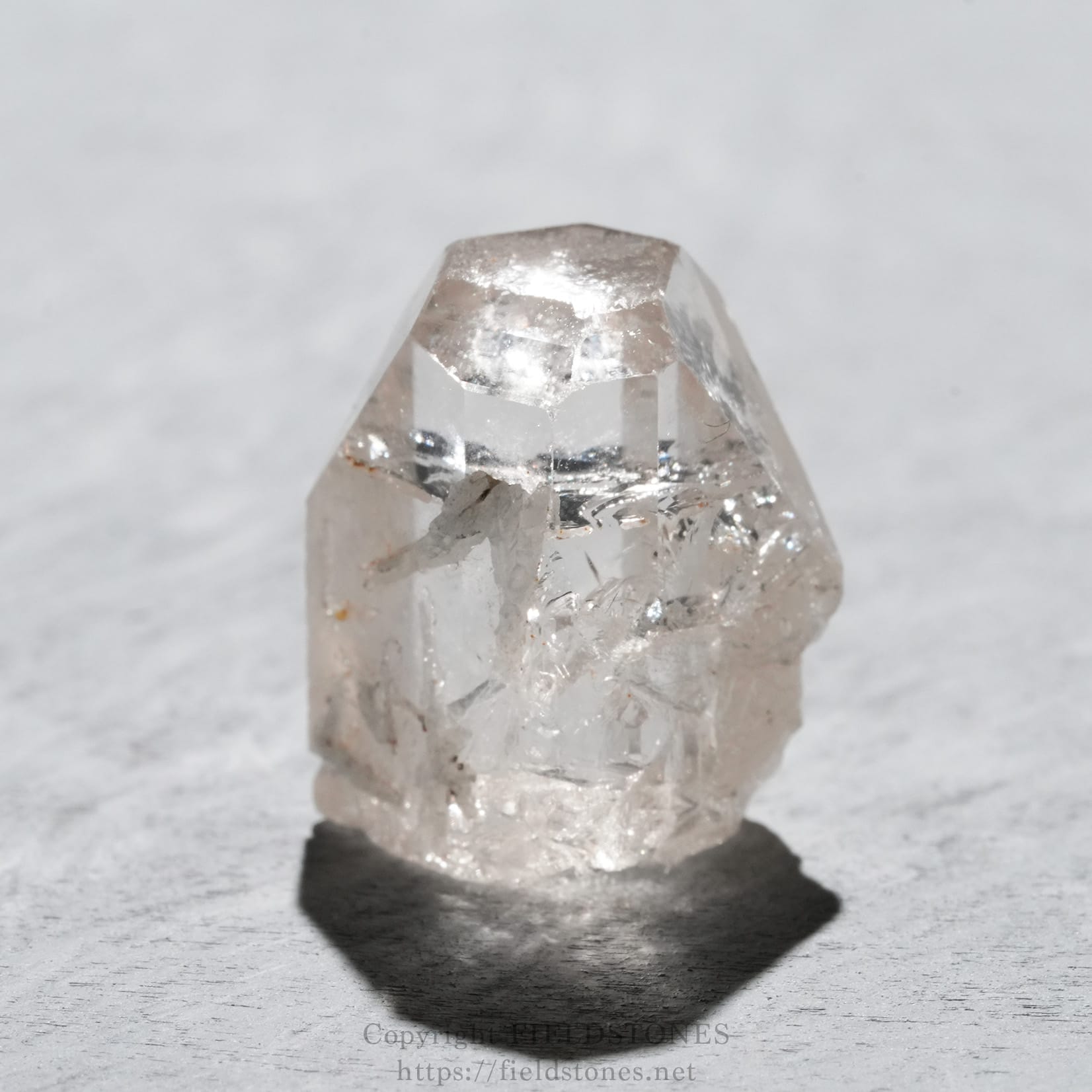 6737-4 - FieldStones Close-up of a single clear quartz crystal standing upright on a small dark base against a light gray background, showcasing its faceted surfaces.