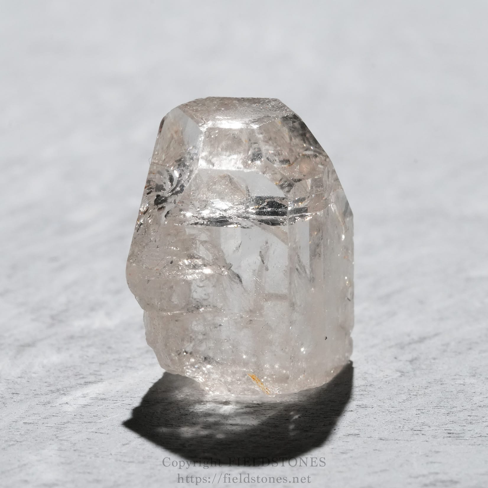 6737-6 - FieldStones Clear quartz crystal point standing upright on a gray surface, light glinting off its facets.