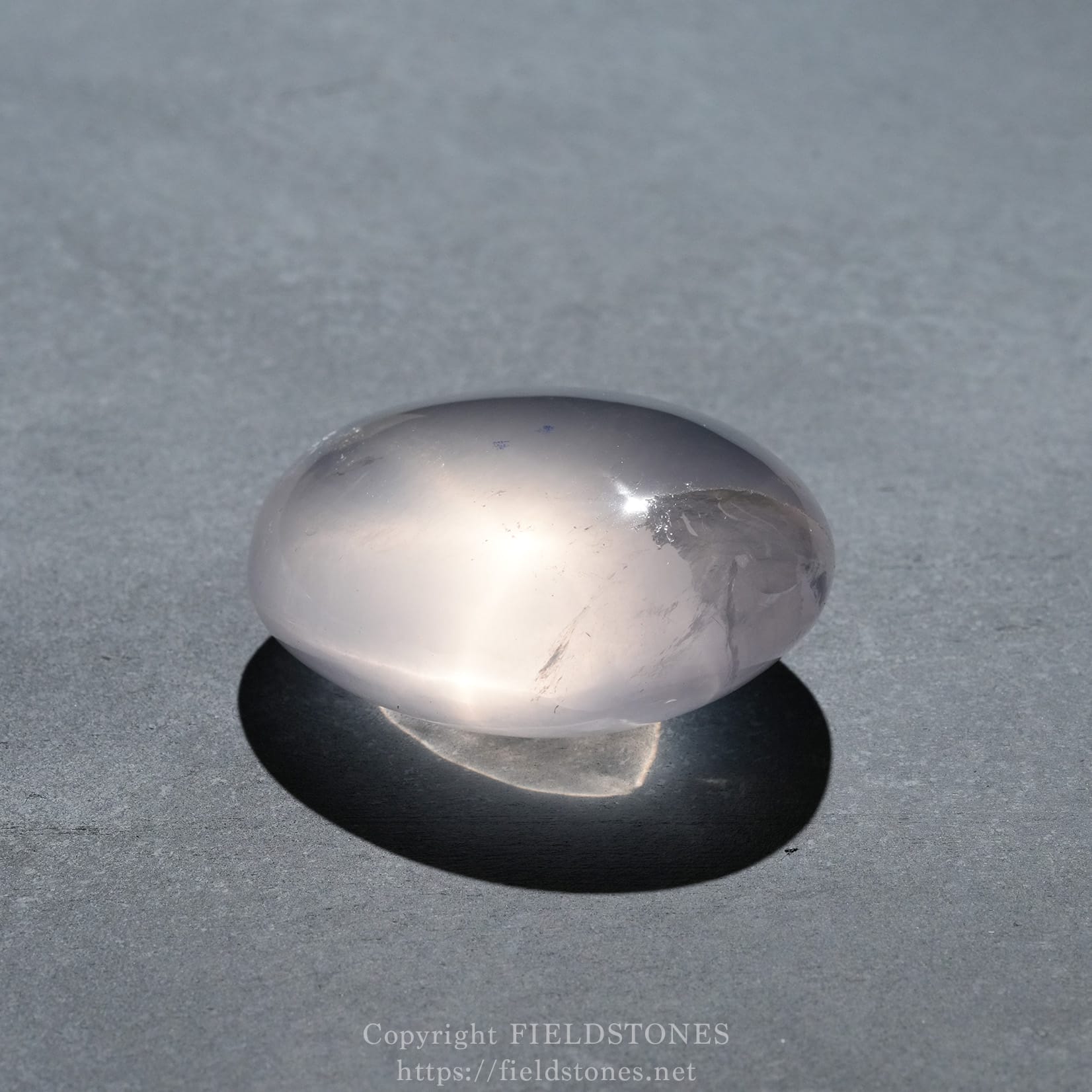 6740-10 - FieldStones Polished oval stone on a gray textured surface with a dark shadow beneath it, reflecting light off its smooth, shiny surface.